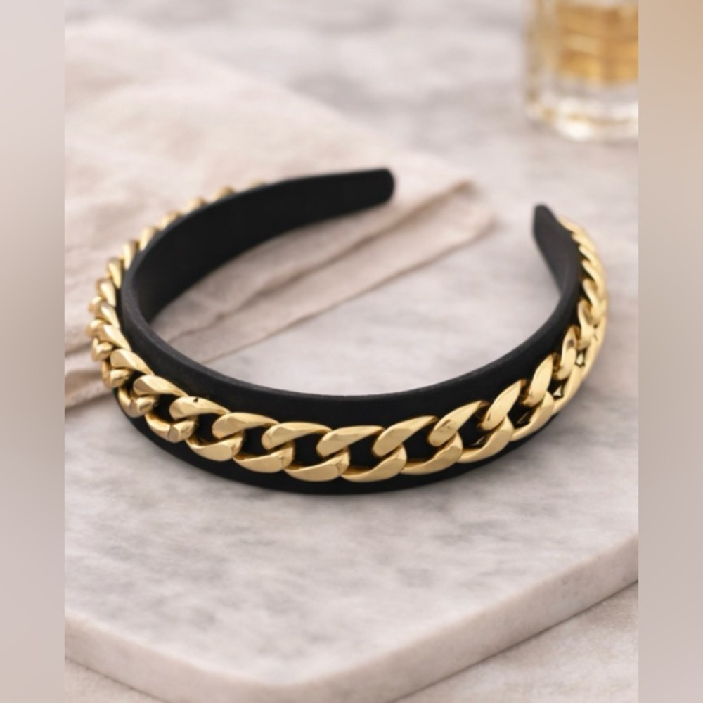 Chic Black Padded Headband w Gold Chain Detail Designer-Inspired Statement Piece - Picture 5 of 7